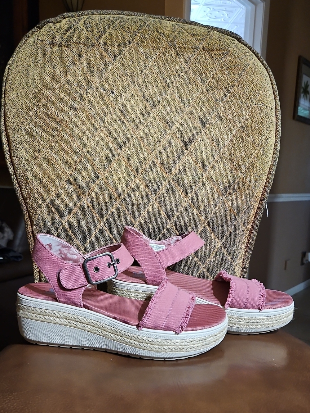 Bobs From Skechers Express Platform Wedge Espadrille Sandals Shoes Pink Cream